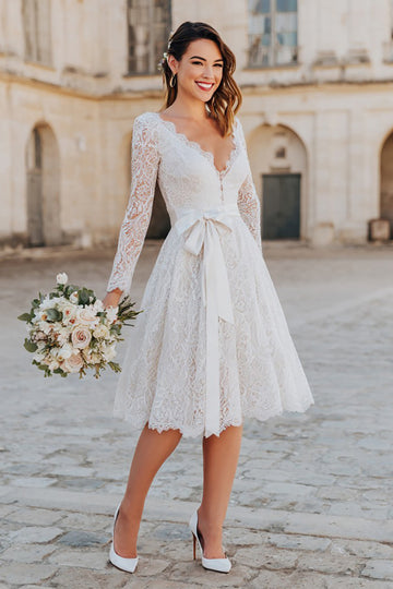 Long Sleeve Ivory A Line Lace Bowed Engagement Dress with Sash